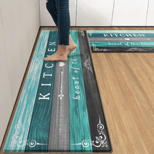 Teal Farmhouse Anti-Fatigue Kitchen Rug Set of 2 Grey Black Green Wood Vintage C