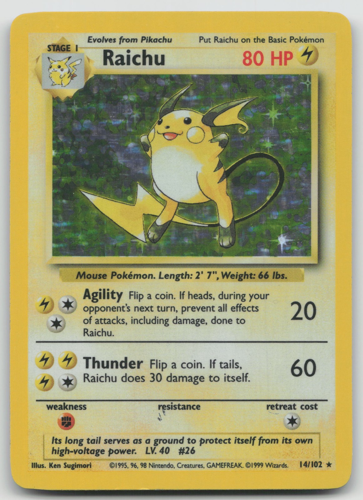 Pokemon TCG Raichu 14/102 Base Set Holo Rare English 1999 WOTC Heavy Play HP