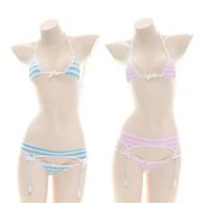Blue Pink Striped Women Panties Underwear Lingerie Bra Set Bikini Japanese Sexy