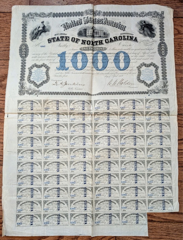 1869 State of North Carolina Coupon Bond - Issued For Western NC Railroad
