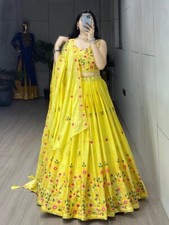 Presenting New Chinnon Slub Yellow Lehenga Choli With Dupatta For Wedding Wear