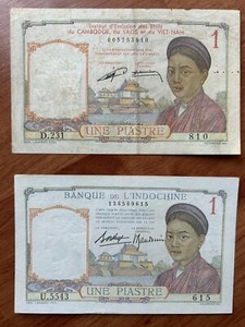 French Indochina _ Viet Nam 1946-1952: 1 Piastre x 2 Diff. Banknotes RED & BLUE.