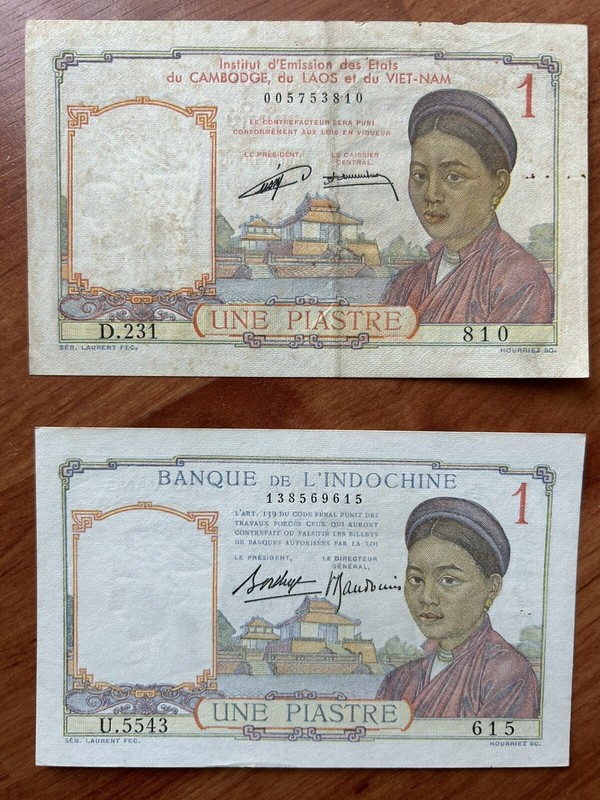 French Indochina _ Viet Nam 1946-1952: 1 Piastre x 2 Diff. Banknotes RED & BLUE.