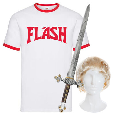 80er RETRO SCI-FI HELD FLASH T-SHIRT PERÜCKE SCHWERT FILM INSPIRIEREN KOSTÜM