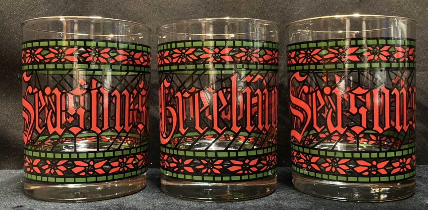 Houze 12oz Stained Glass Low Ball Tumbler Set of 3 Seasons Greetings