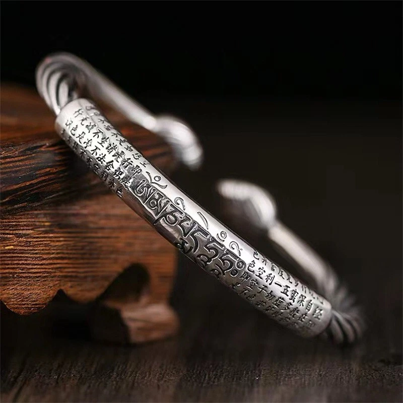 Full Silver 999 Vintage Six Character Truth Bracelet Heart Sutra