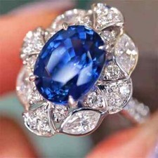 Fabulous Lab-Created Multi Shape 6.04CT Blue White Sapphire Flower Design Ring