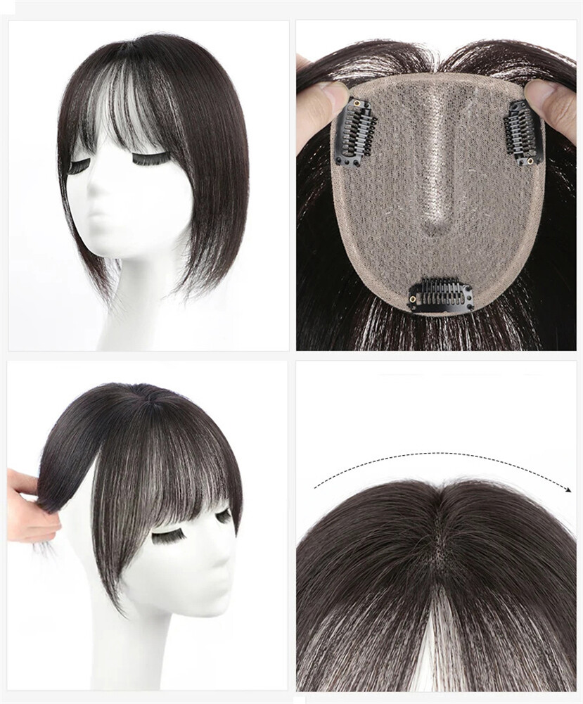 100% Human Hair Topper With Flat Wispy Bangs Hairpiece Mono 