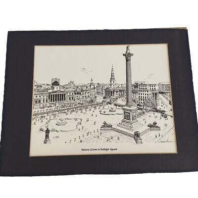 Vtg Bernard Smith Print Trafalgar Square  England Signed Matted Nelson s Column 