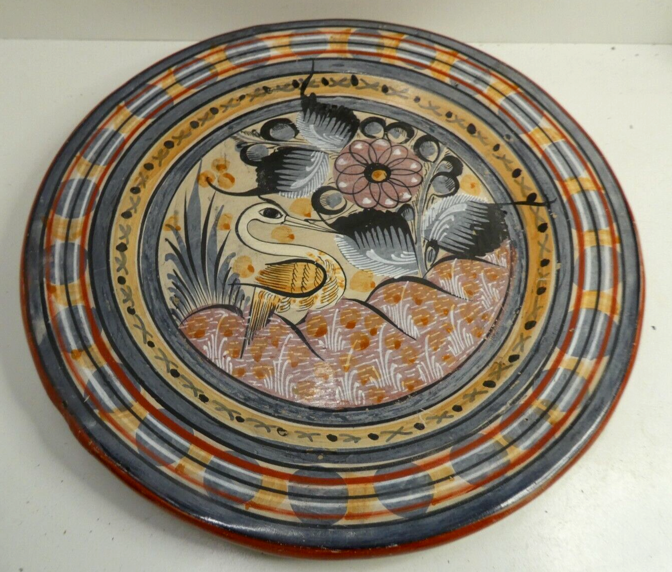 Vintage Mexican Pottery Wall Plate Ceramic Hand-Painted Bird Design Retro Decor