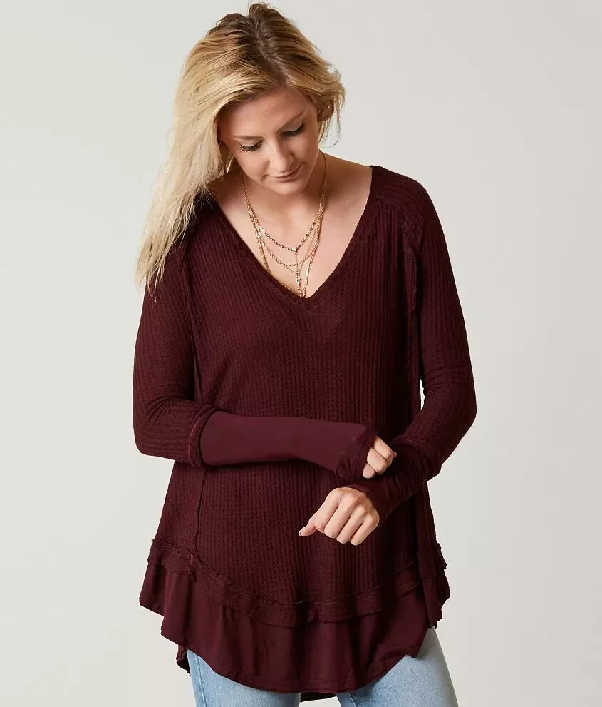 WE THE FREE PEOPLE OB668202 Wine Laguna Thermal Top Tunic Thumbholes SIZE XS