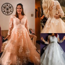 Champagne Plus Size Wedding Dresses Long Sleeve V Neck Tiered A Line Bridal Gown