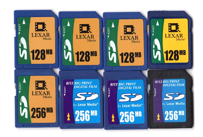 Lot Of 8x Lexar 128MB / 256MB MEGABYTE SD Camera Memory Cards