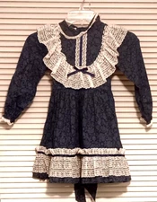 Vintage Mini World  Girls Dress Blue Floral Ruffle Lace Sz 6 Cottagecore Prairie