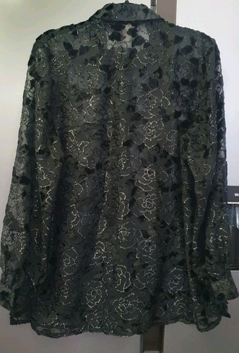 Vintage Black Burnout Blouse Tunic Shirt EU44 UK16 US12 Shiny Floral Whimsigoth - Picture 16 of 17