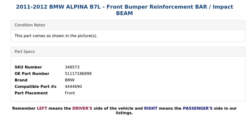 BMW ALPINA B7L 2011-2012 - Barra de refuerzo del parachoques delantero/viga de impacto Foto 4 de 4