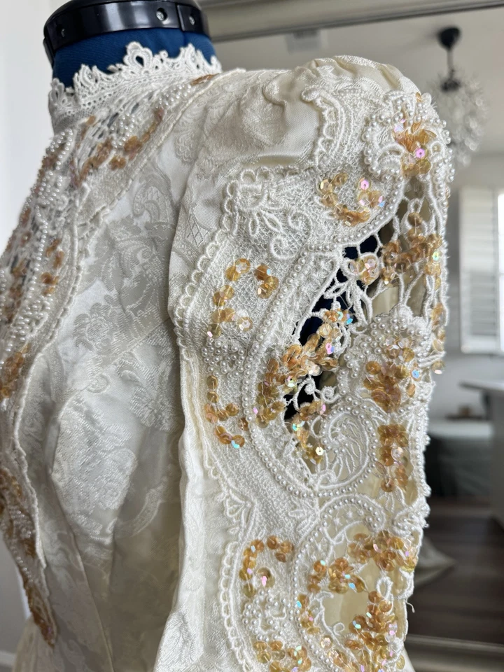 Vintage 90s Jessica McClintock Beaded Sequin Brocade Victorian Wedding Dress - Image 4 of 4
