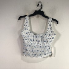 Haute Monde Floral Square Neck Shirred Tank Top, Size M - White/Blue