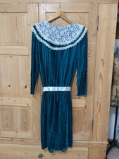 Vintage Gunne Sax by Jessica McClintock Green Velvet  Lace Bib Dress PROM