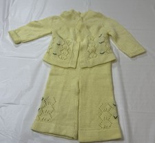 Vtg Girls Cardigan Pants Set Butter Yellow 3/6, 6/9 Months Handmade Embroidered