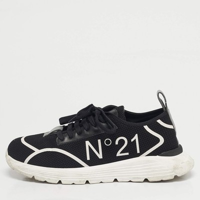 N21 Black Knit Fabric and Leather Lace Up Sneakers Size 40