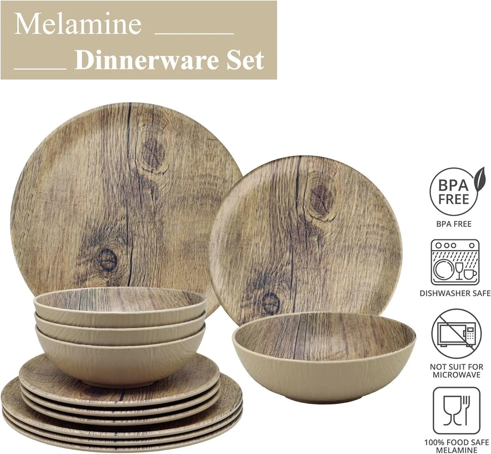 Коричневый деревянный зернистый дизайн, кремовый цвет, меламиновая посуда, 12 шт., набор для 4 - Изображение 4 из 4