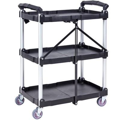 Foldable Utility Service Cart, 3 Shelf 165LBS Heavy Duty Plastic Rolling Cart wi