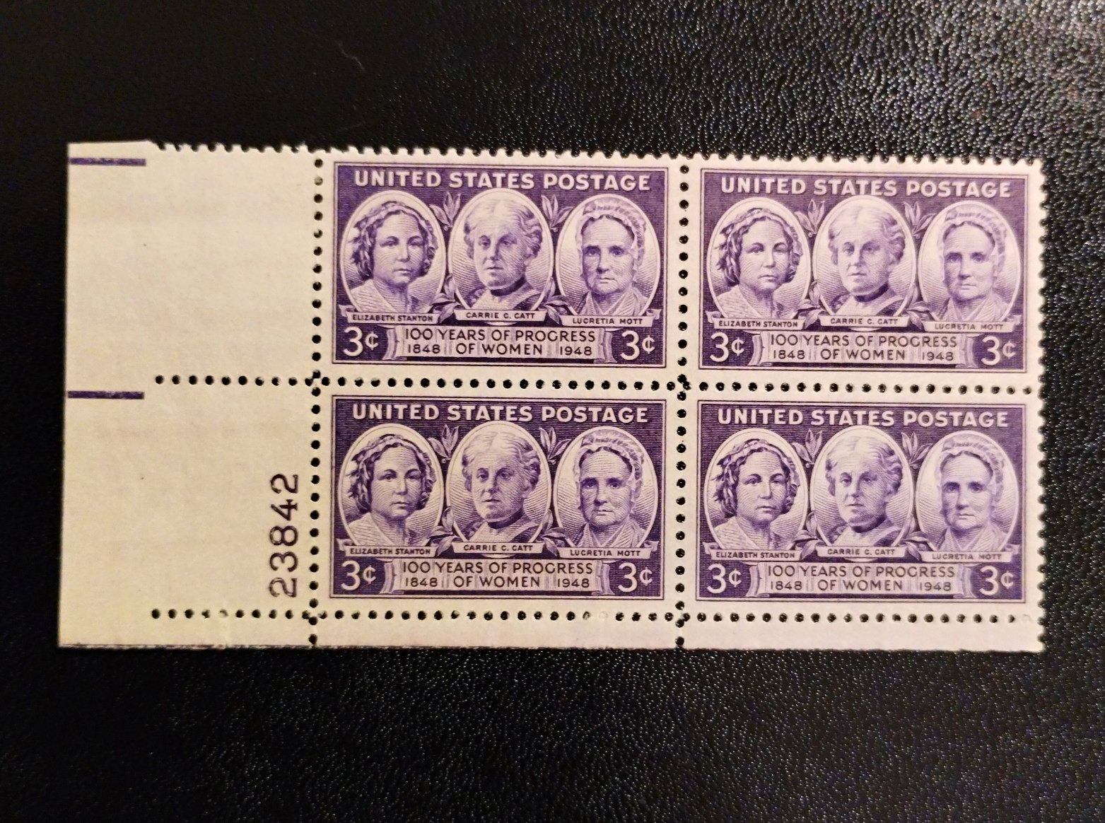 United States Women’s Progress 3¢ Violet Plate Block of 4 MNH 1948 Ungraded
