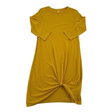 Tickled Teal Mustard Yellow Front Knot Ribbed Midi Dress 3/4 Sleeve Small Comfy