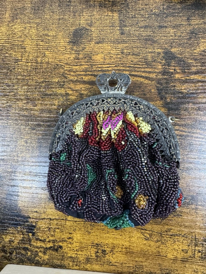 Bolso sin asas vintage con micro cuentas broche plateado bolso oscuro falta cadena antiguo Foto 3 de 4