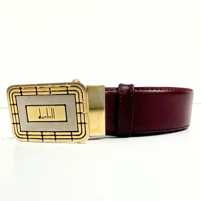 Dunhill Leather Belt Vintage Burgundy Gold Buckle Designer Dress