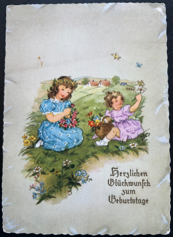 Vintage postcard: Happy Birthday w/ 2 sweet girls making crowns of flowers