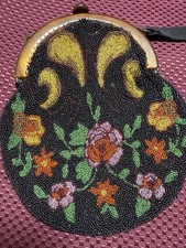 1900  s Original Antique Floral Roses Micro Bead Beaded Purse Bag Black Vintage