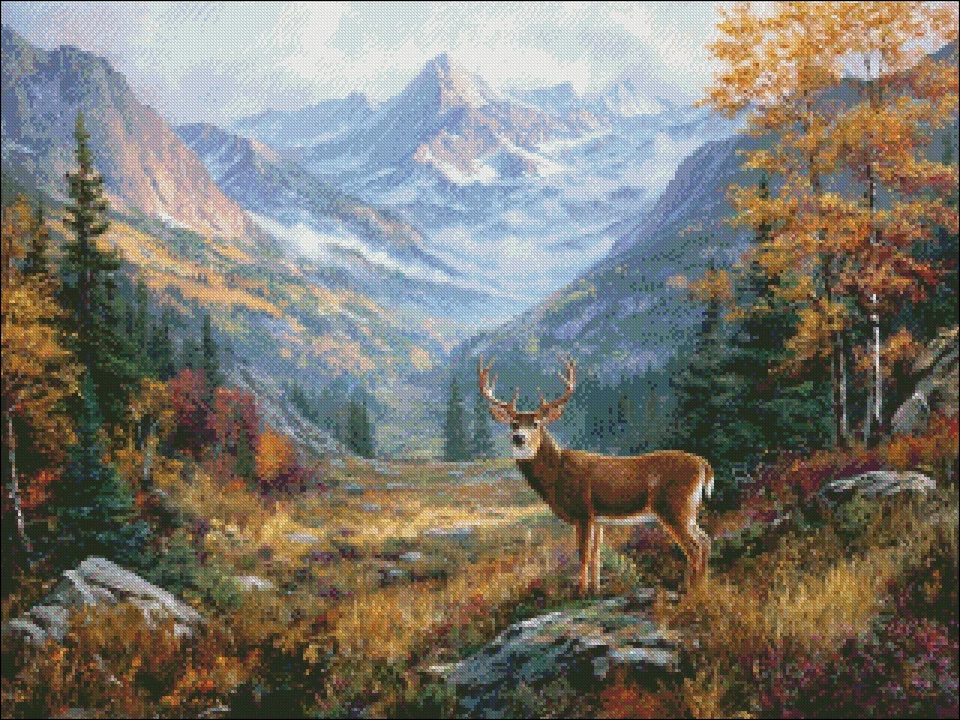 Autumn Mountain Deer Chart Counted Cross Stitch Patterns Needlework DMC Color - Image 2 of 2