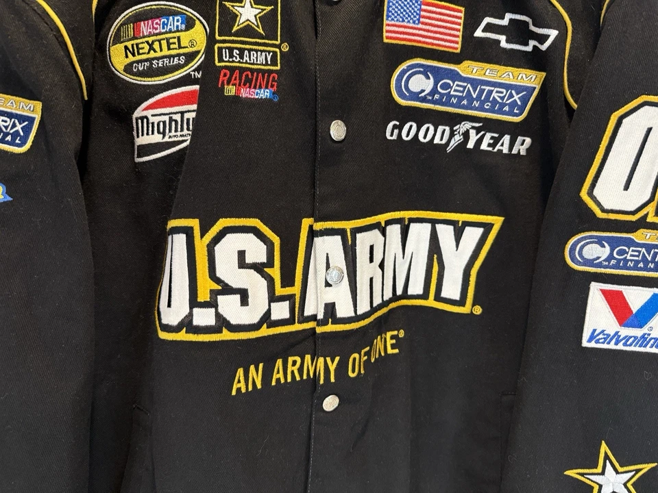 Jaqueta de corrida JH Design NASCAR 2006 exército dos EUA Joe Nemechek camuflagem reversível média. - Imagem 3 de 4