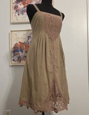 Beige Cotton Woven Sundress Lace Accents Square Neck Strappy Knee Length S