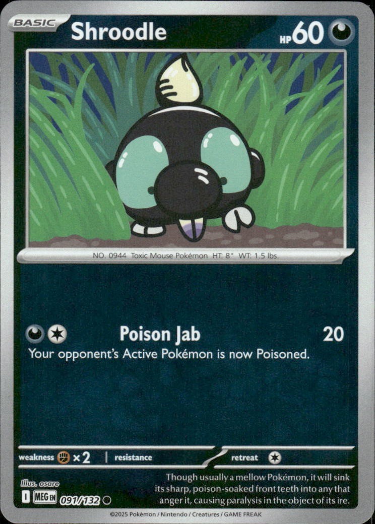 Near Mint Shroodle Mega Evolution Common Pokemon 091 Reverse Holo