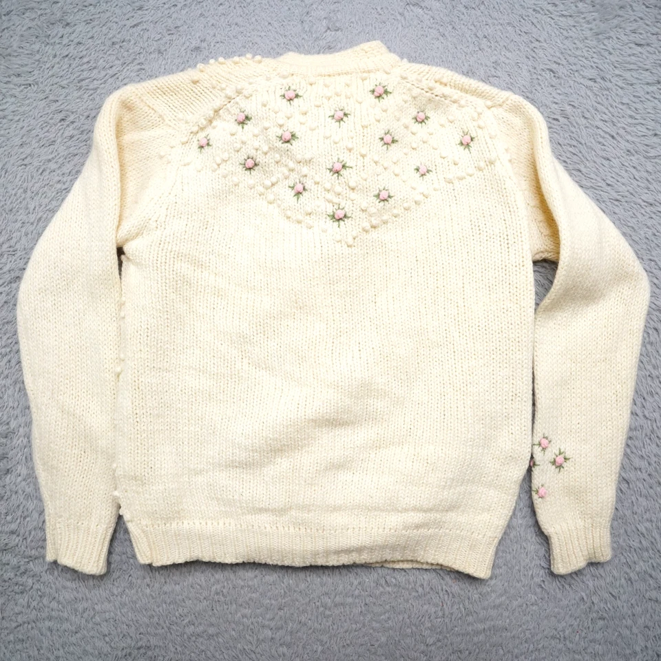 Cárdigan de lana vintage para mujer M beige tejido a mano floral rosa Foto 3 de 4