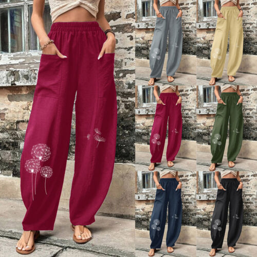 Women's Pockets Harem Pants Ladies Solid Casual Floral Solid Elastic Trousers US