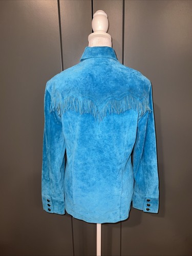 NWT $258 CHICO’S Suede Western Fringe Jacket Leather Turquoise Coat LRL Sz 8 - Picture 6 of 10