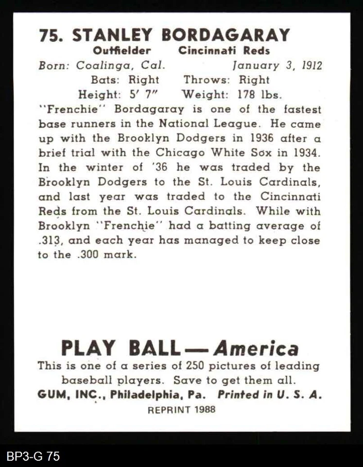 1939 Play Ball Reprint #75 Stan Bordagaray Reds RC 8 - NM/MT - Image 2 of 2