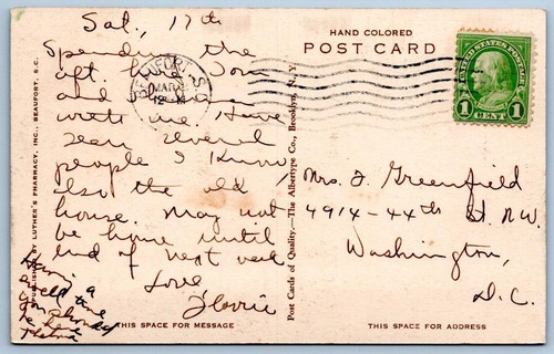 1910's HOWARD ANNE ANNA TOWNSEND BEAUFORT SC HANDCOLORED ALBERTYPE POSTCARD - Picture 2 of 2