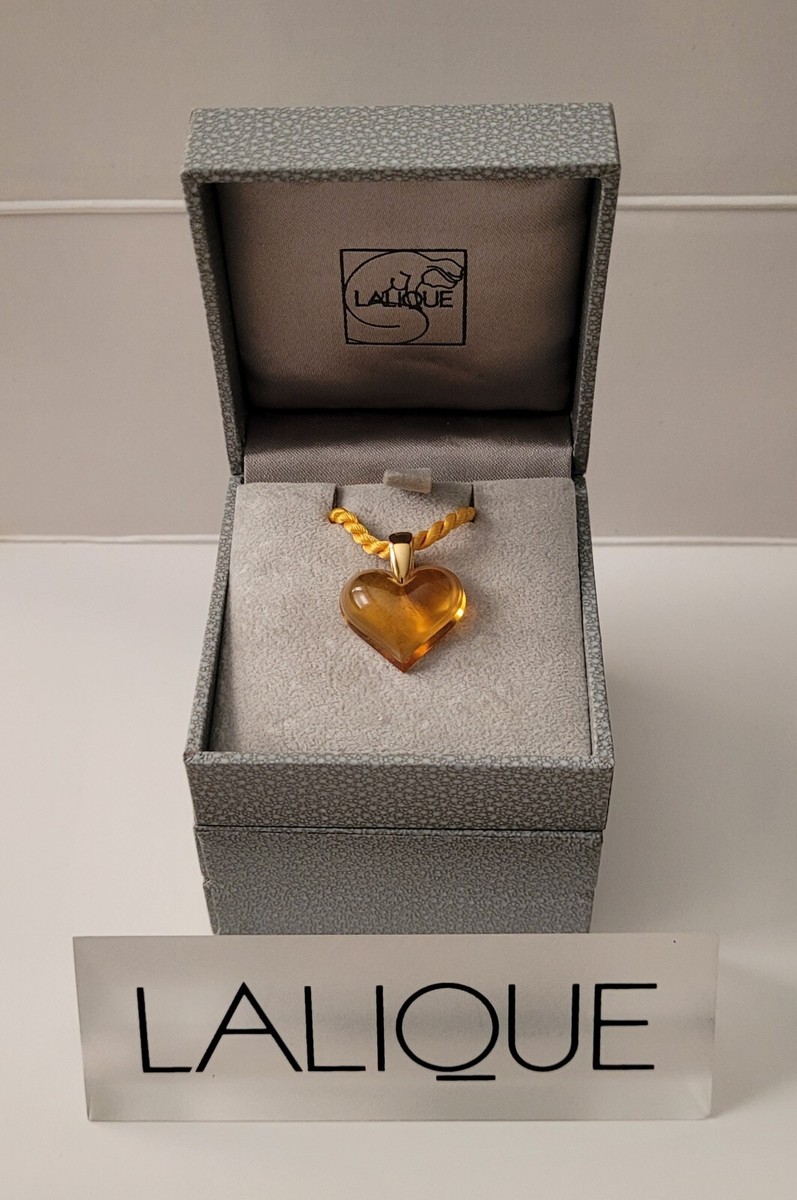 Lalique Crystal Hart Necklace Pendant Gold Amber & Gold Clip With