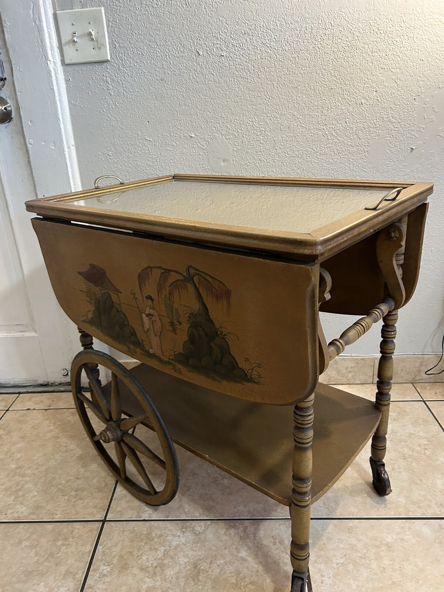 Antique late 1800 Oriental Design Tea Cart with removable Glass