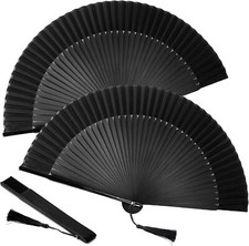 2 Pcs Black Clap Fans for Line Dancing Bamboo Silk Folding Hand Rave Fan with...