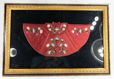 Antique Vintage Hand Embroidered Silk Fan Shaped Panel Decorative Shadowbox