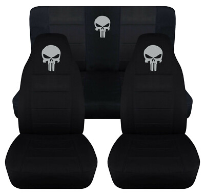 Front+Rear car seat covers blk w/silver punisher skull fits wrangler YJ /TJ  /LJ