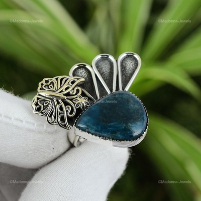 Sterling Silver Neon Apatite Stone Mother Wedding Butterfly Promise Ring Jewelry