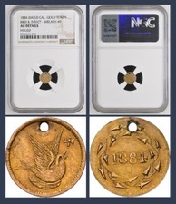 RARE 1884 California Fractional Gold, Bird & Insect, Pictorial Gold / NGC AU R8+