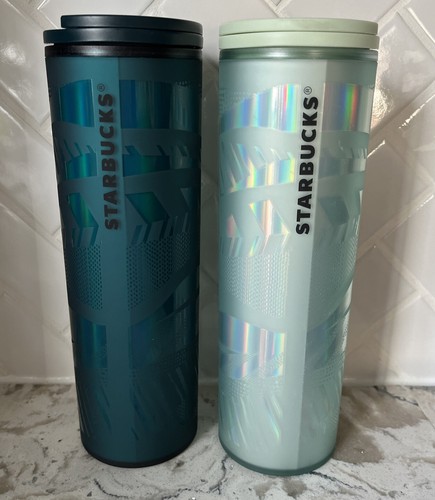 New (2) STARBUCKS 16oz Tumbler Iridescent Green Ribbon Design Tumbler - Picture 2 of 5